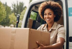 AI Generated Outside a house, a woman stands with moving boxes, symbolizing a new chapter. The sunlit scene conveys a positive transition. photo