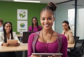 AI Generated A young female student holding a tablet in a classroom, looking confident and ready to learn. photo