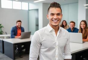 AI Generated Man in business casual attire smiling while working. Welcoming and professional atmosphere. photo