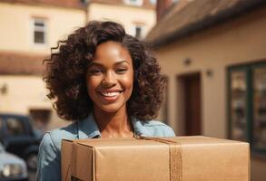 AI Generated A cheerful woman carries moving boxes outside her home. Her bright smile indicates excitement about the move. photo