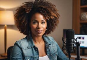 ai generado confidente mujer con auriculares podcasting en estudio. ella se sienta listo a un mesa con grabación equipo. foto