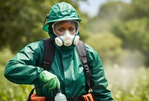 AI Generated A gardener in protective gear carefully sprays plants in a garden, ensuring their health and protection from pests. photo