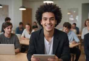 AI Generated A smiling young entrepreneur with a tablet, exuding charisma and approachability in a casual office. photo