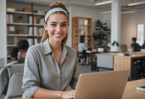 AI Generated Creative professional woman smiling while working on a laptop. Cozy office environment with a touch of modern decor. photo
