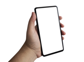 Hand holding a smartphone with copy space on transparent background png