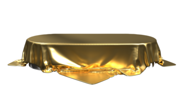 Gold podium pedestal on luxury satin. Pedestal or place for a product covered with silk. Podium covered gold silk fabric. 3D rendering png