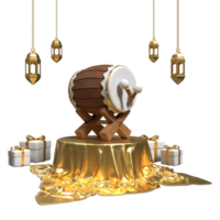 Islamic ramadan with podium, traditional drum, arabic lanterns, and gift boxes. Islamic drum on the podium. 3D rendering png