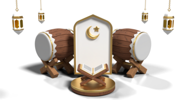 Ramadan kareem with podium quran and islamic decoration. Round podium stage, lantern, mosque ornament and quran. 3D rendering png