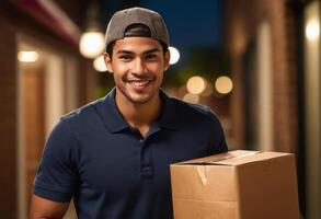 AI Generated A courier smiles as he carries a package, providing a reliable and friendly delivery service. photo