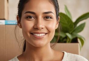 AI Generated A smiling woman happily receives a delivery box at her doorstep, indicative of a satisfactory delivery service. photo