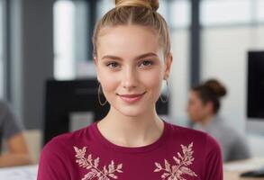 AI Generated Woman with braided hair using a laptop, concentrated in her work. Efficient and quiet office setting. photo