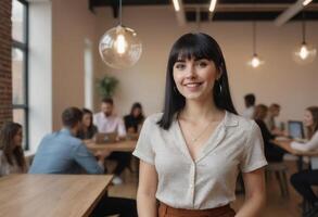 AI Generated A professional woman with a pleasant smile in a coworking space. A lively and collaborative atmosphere. photo