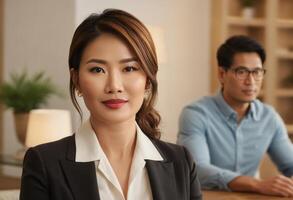 AI Generated An engaged businesswoman participates in a meeting, her focus indicative of involvement and professionalism. photo