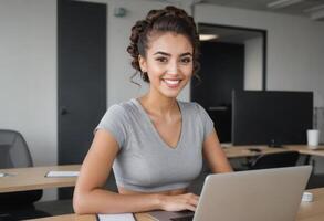 AI Generated Young professional woman smiling at her desk. Contemporary office with modern design and technology. photo