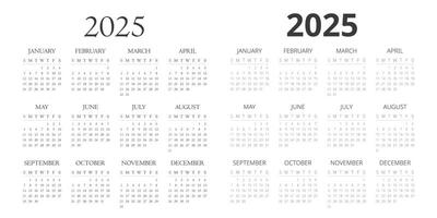 2025 calendario modelo con serif y sans serif texto estilos. sencillo diseño vector diseño. calendario para el año 2025 mesas para 12 meses. moderno y elegante diseño