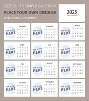 personalizable 2025 calendario modelo con copyspace para tu propio diseño. mínimo diseño vector diseño. calendario para el año 2025 mesas para 12 meses. calendario 2025 con blanco, editable diseño