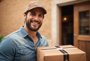 ai generado un hombre en un casual azul camisa sonrisas como él entrega un cartulina caja. él es en pie a el Entrada a un casa, con un simpático comportamiento. foto