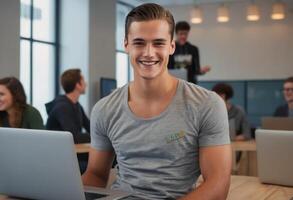 ai generado enfocado masculino estudiante utilizando ordenador portátil en un salón de clases ajuste. estudioso atmósfera con un grupo de aprendices foto