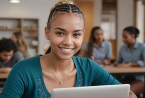 AI Generated A young female student smiles while working on her laptop in a classroom setting. Her engagement with her studies is evident. photo