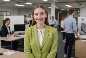 AI Generated A young businesswoman in a lime blazer smiling in an office environment, showing leadership and positivity. photo