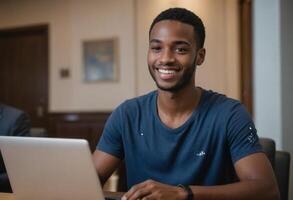 AI Generated A man concentrates on his laptop work in a cozy home setting. His casual attire and demeanor suggest a relaxed work style. photo