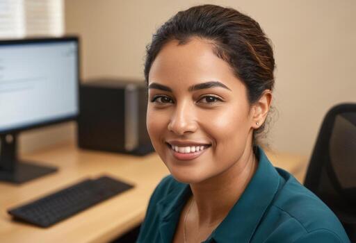 AI Generated A professional woman is focused while working on a computer in an office setting. photo