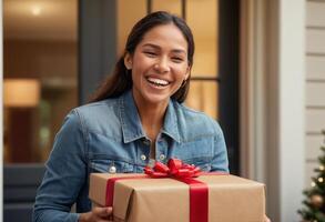 ai generado un mujer recibe un regalo envuelto paquete desde un mensajero al aire libre. su expresión es uno de agradable sorpresa y gratitud. foto