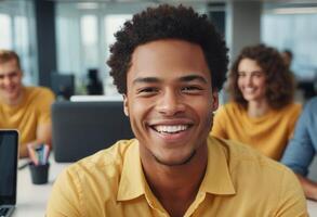 AI Generated Man in yellow shirt presenting in a seminar with attentive colleagues. Academic setting with a focus on interaction. photo