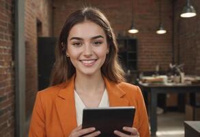 ai generado un experto en tecnología mujer sonriente mientras utilizando un digital tableta. profesional ajuste con industrial diseño elementos. foto