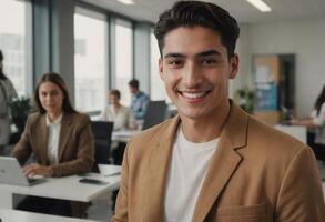 AI Generated A smartly dressed young man smiles in a corporate office, exuding confidence and professionalism. photo