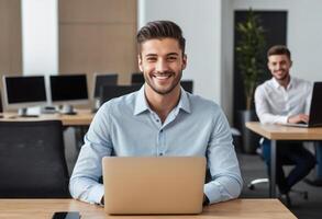 AI Generated A man smiling while working on his laptop at the office. He appears relaxed and satisfied with his work. photo