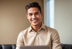 AI Generated Casual businessman in a beige shirt working with a laptop. Professional yet relaxed work atmosphere. photo