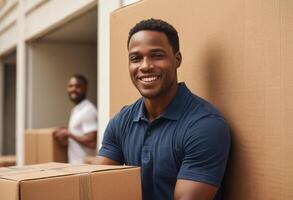 AI Generated A smiling man stands by an open door, suggesting a welcoming atmosphere. He's dressed casually, signaling a relaxed home environment. photo