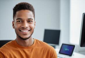 AI Generated Happy professional in a burnt orange shirt with a digital tablet. Positive office environment and connectivity. photo
