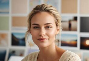 AI Generated A professional woman in a bright office looks towards the camera, her expression composed and welcoming. photo