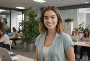 AI Generated An adult woman poses with a smile in a modern office space. She is surrounded by her team actively working in the background. photo