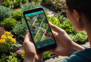 AI Generated A gardener uses a tablet to plan in a lush greenhouse. The environment is rich with various plants and flowers. photo