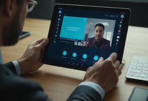 AI Generated A businessman engages in a video conference on his tablet outdoors. The city environment suggests mobility and connectivity. photo