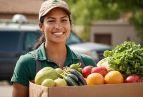 ai generado un entrega mujer en un verde uniforme sostiene un caja lleno de Fresco frutas y verduras, Listo para entrega. foto