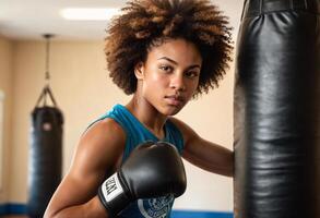 AI Generated A focused boxer practices punches on a heavy bag, demonstrating dedication and strength in her training. photo