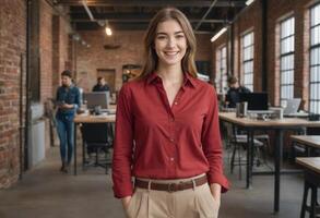 AI Generated A confident woman walks through the office space with a smile, portraying leadership and a positive work environment. photo