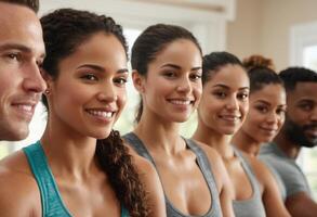 AI Generated A fitness class poses with smiles, showcasing health and camaraderie. The gym environment is vibrant and energetic. photo