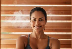 AI Generated A content woman enjoys the warmth in a sauna. Serenity and relaxation are the focal points of the image. photo