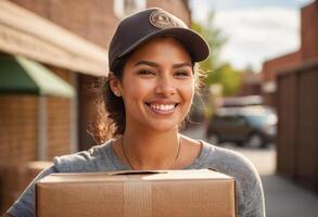 ai generado un contento entrega persona en un gorra lleva un parcela, Proporcionar rápido Servicio con un sonrisa. foto