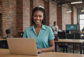 AI Generated Young adult woman working on a laptop in a modern office setting. She appears confident and focused on the task at hand. photo