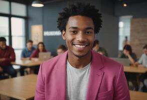 AI Generated A man in a bright pink jacket is smiling at the camera. He is in a bustling office environment. photo