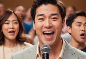 AI Generated A man enjoys singing during choir practice, surrounded by fellow choir members. His expression shows joy and participation in the musical activity. photo