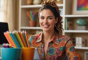 AI Generated A teacher smiles warmly in the classroom, colorful supplies in the background suggest a creative environment. photo