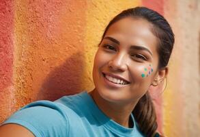 ai generado un sonriente mujer disfruta su balcón jardín, su manos en el suelo como ella trabajos en su urbano verde espacio. foto