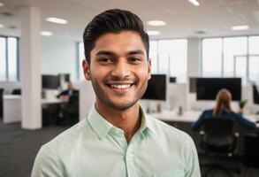AI Generated Casually dressed professional man using a tablet in an office setting, comfortable and connected. photo